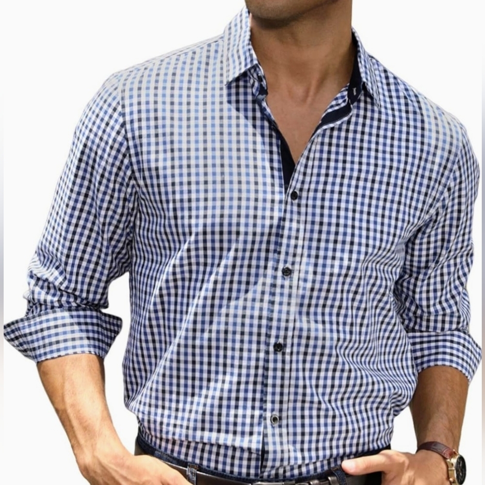 Men’s 2XL Blue/Black/White Button-Down Dress Shirt – Regular Fit, Long Sleeve